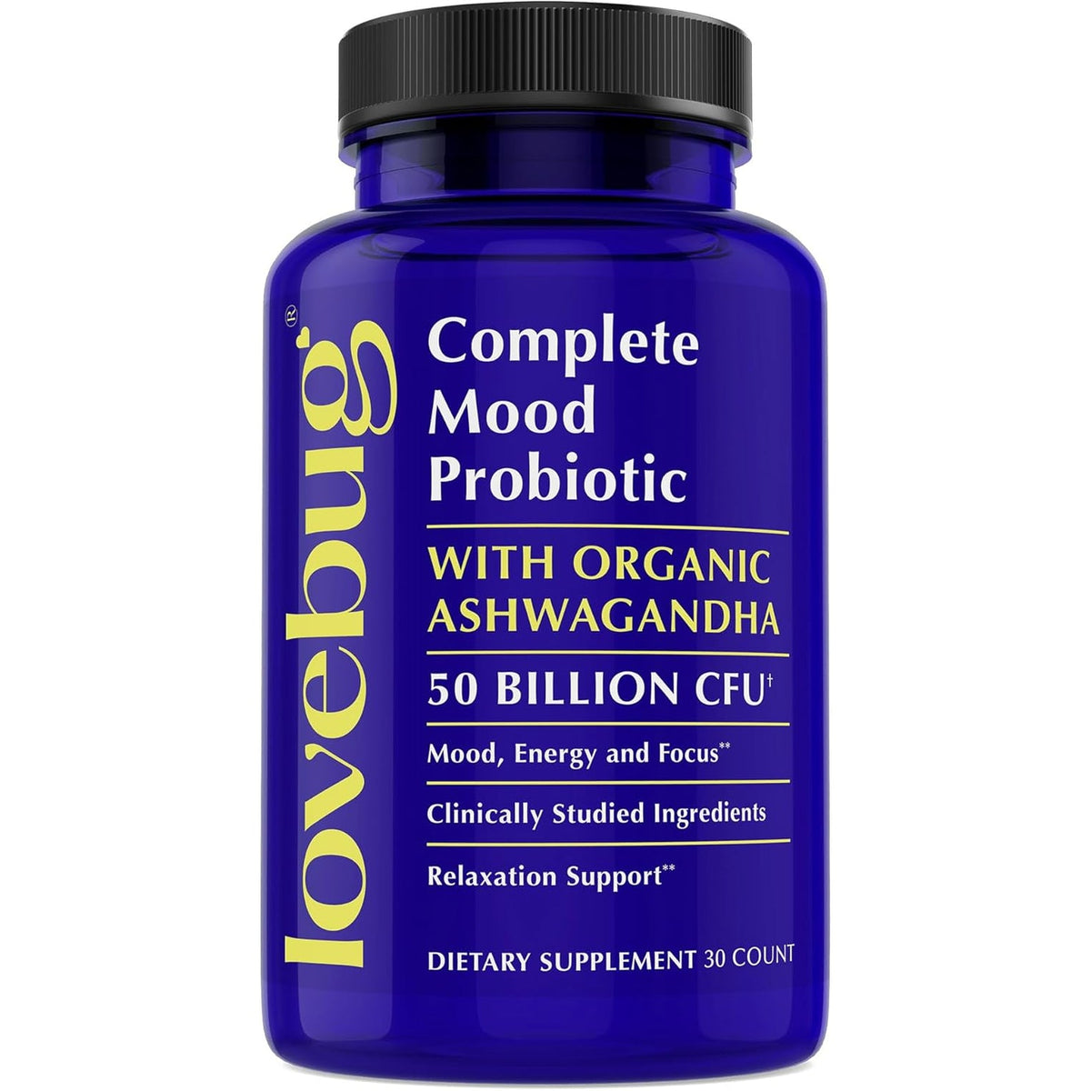 LOVEBUG Complete Mood Probiotic | 10 Clinically Studied Probiotic Strains & Patented Organic Ashwagandha for Cortisol and Serotonin Support | Natural Energy | Adaptogenic Stress-Defense | 30 Count