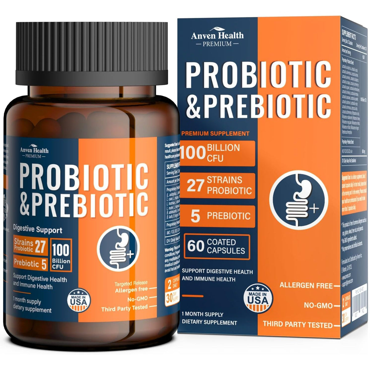 100 Billion Probiotics for Men and Women 27 Strains 5 Organic Prebiotics for Gut Digestive & Immune Health, Supports Diarrhea Gas Bloating, Non-Gmo, Zero Fillers – Made in USA丨60 Caps