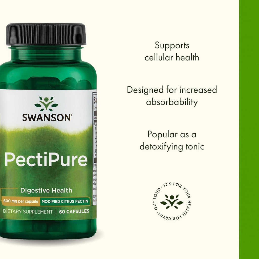 Swanson Pectipure Modified Citrus Pectin Cellular and Digestive Health Supplement for Wellness-Conscious Adults - 82% Galacturonic Acid (60 Capsules, 600 Mg Each)