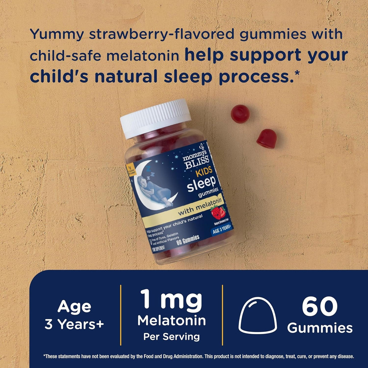 Mommy'S Bliss Kids Sleep Melatonin Gummies, No Artificial Colors, Flavors or Gelatin, Strawberry Flavor Children'S Melatonin Gummies, Age 3+, 60 Count
