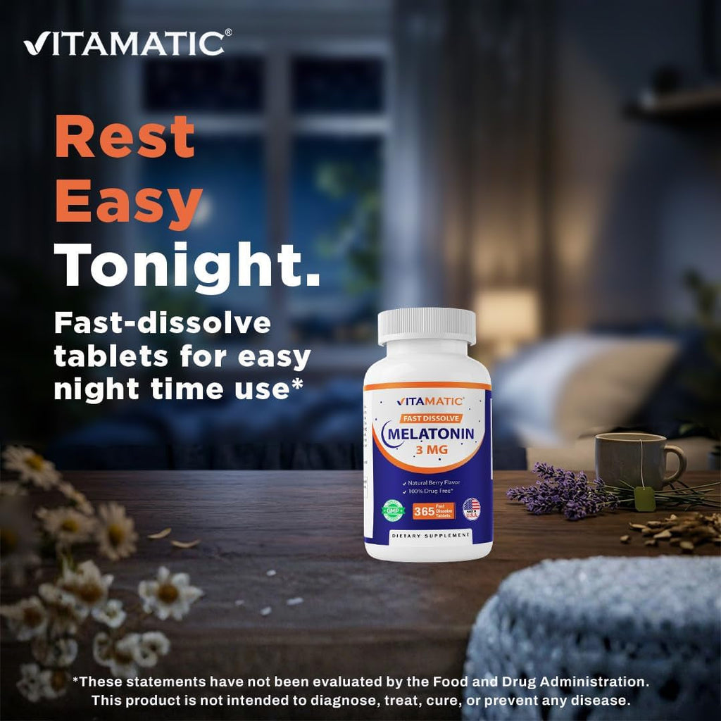 Vitamatic Melatonin 3Mg Tablets | Vegetarian, Non-Gmo, Gluten Free | 1 Year Supply | Natural Berry Flavor - 365 Tablets