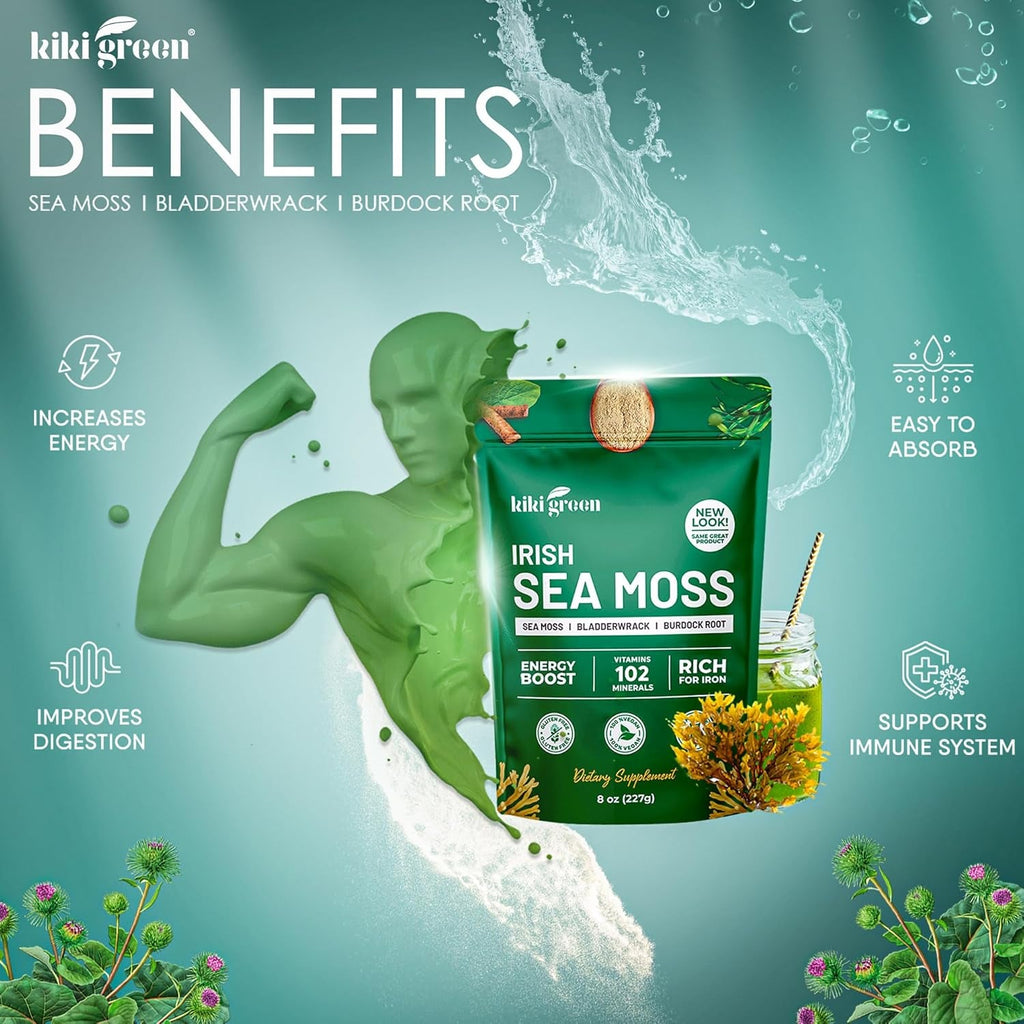 KIKI Green Irish Sea Moss Powder 8 Oz - with Bladderwrack Burdock Root Extract for Immune Support - Keto, Vegan Supplement