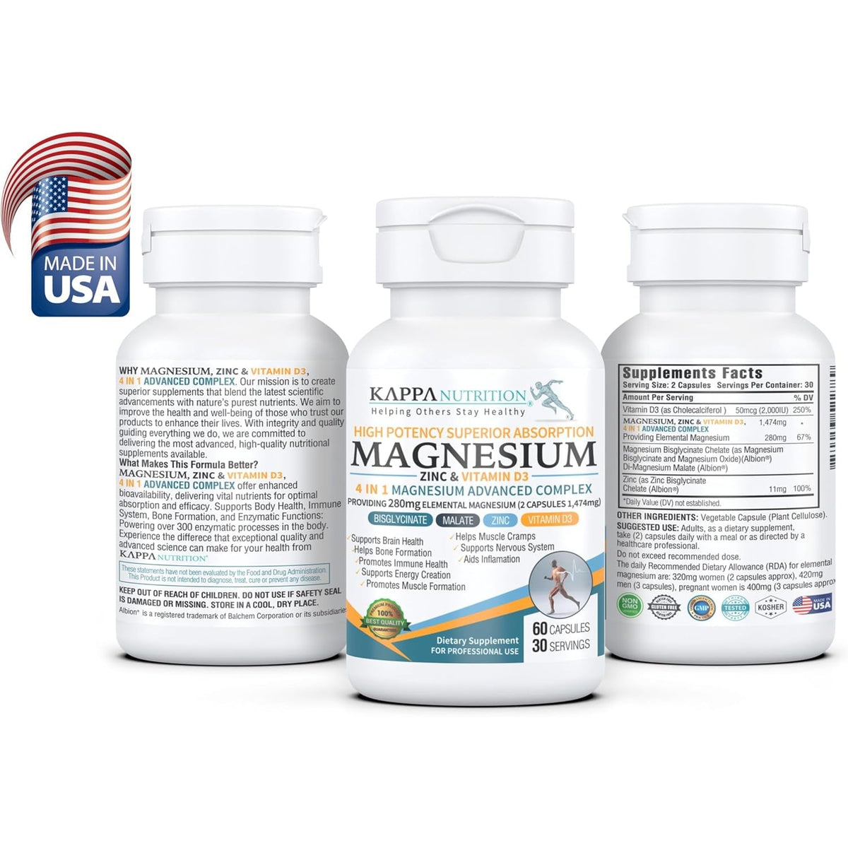 Kappa Nutrition Magnesium 4-In-1, 280Mg Elemental Magnesium (Bisglycinate, Malate) + Zinc & Vitamin D3, Brain, Sleep, Energy, Muscle, Immune Support, 60 Vegan Capsules.