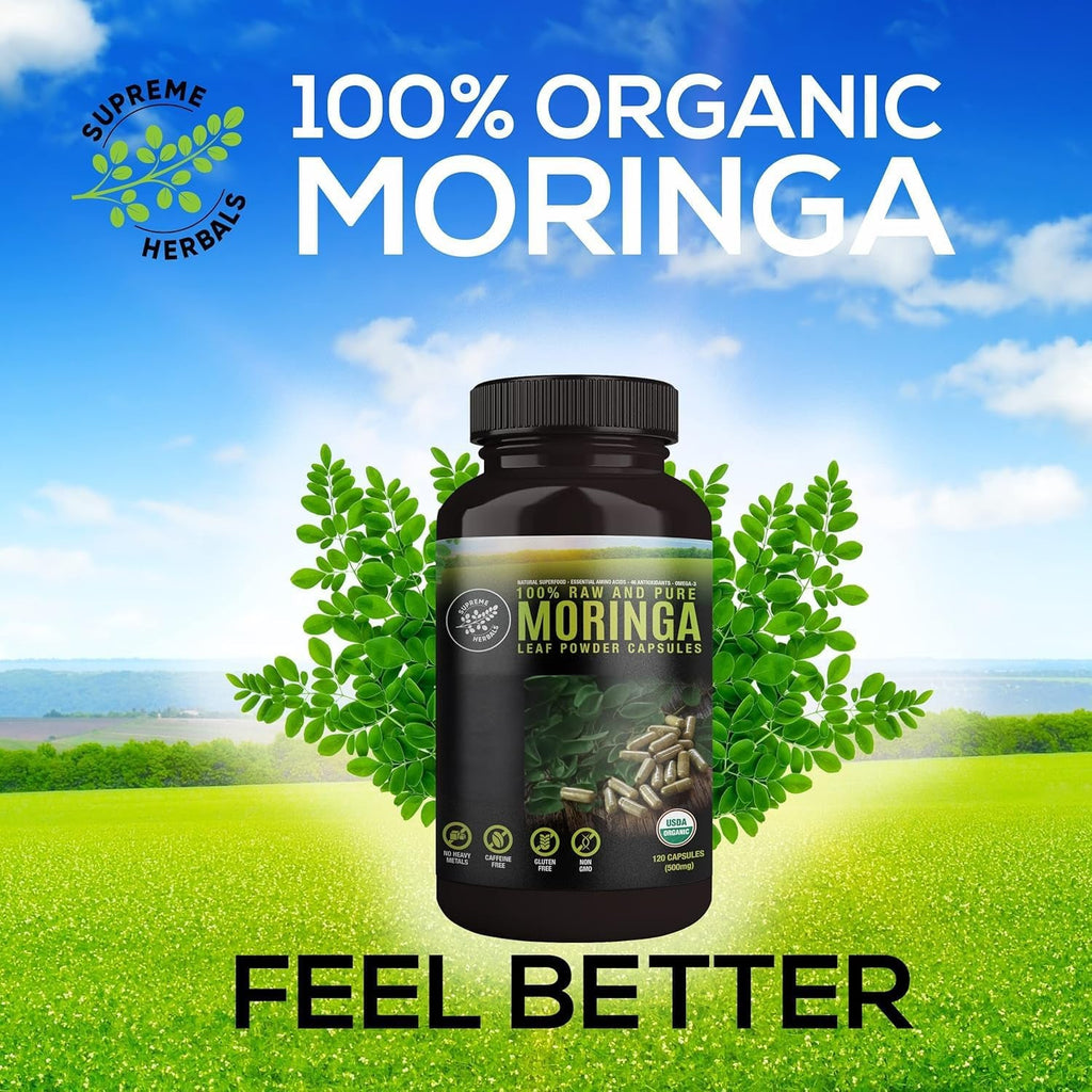 SUPREME HERBALS, 100% Raw and Pure Moringa Leaf Powder Capsules. Organic Certified Moringa Leaf. Natural Superfood with Essential Amino Acids, Antioxidants and Omega 3, 500Mg, 120 Capsules.