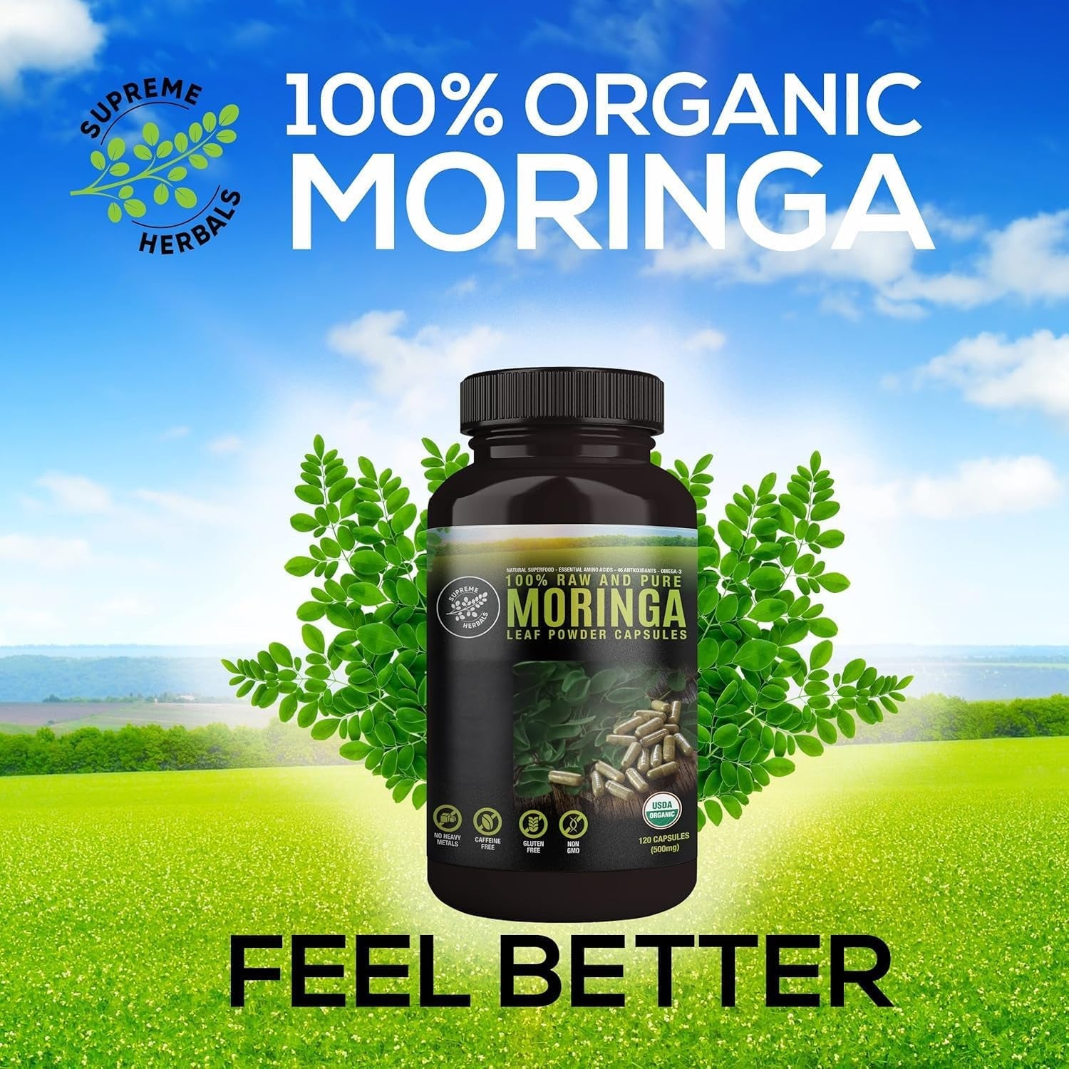 SUPREME HERBALS, 100% Raw and Pure Moringa Leaf Powder Capsules. Organic Certified Moringa Leaf. Natural Superfood with Essential Amino Acids, Antioxidants and Omega 3, 500Mg, 120 Capsules.