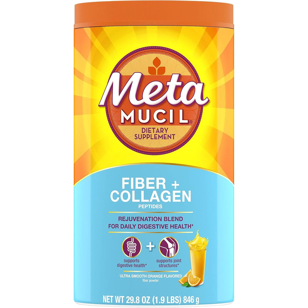 Metamucil Daily Fiber + Collagen, Psyllium Husk Powder, Plant Based Fiber Supplement, Sugar-Free with Stevia, 3-In-1 Fiber Supplement for Digestive Health, Orange Flavored, 90 Doses