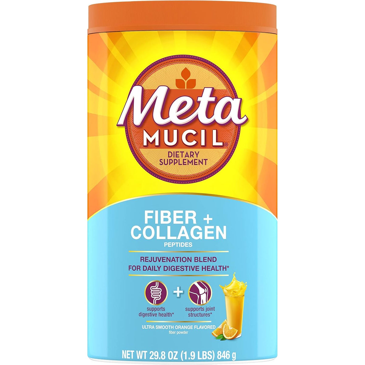 Metamucil Daily Fiber + Collagen, Psyllium Husk Powder, Plant Based Fiber Supplement, Sugar-Free with Stevia, 3-In-1 Fiber Supplement for Digestive Health, Orange Flavored, 90 Doses