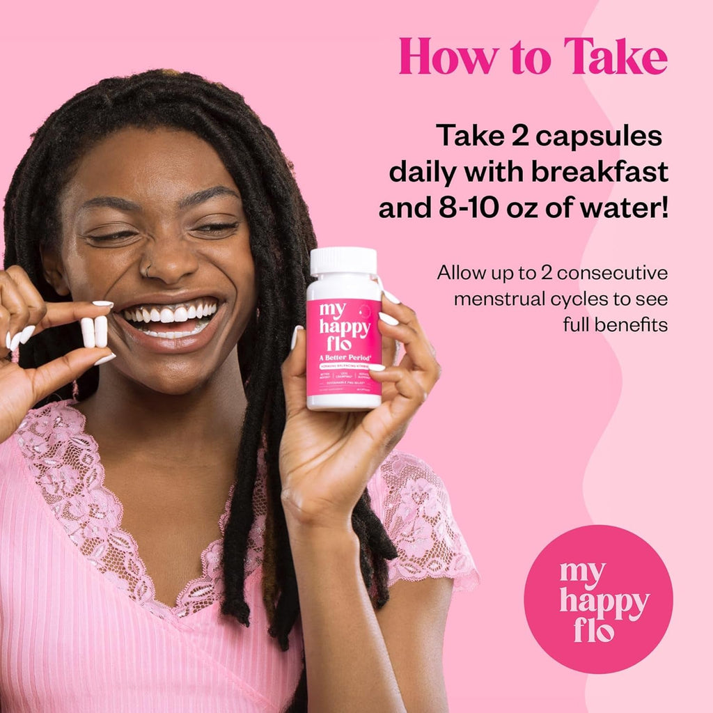 My Happy Flo Period Relief Supplement – Cramp Relief, Heavy Periods & Irregular Period Support, Bloating & Fibroid, Gentle Iron, DIM, Magnesium, Vitamin D3, Plant-Based PMS & Hormone Support | 60 Caps