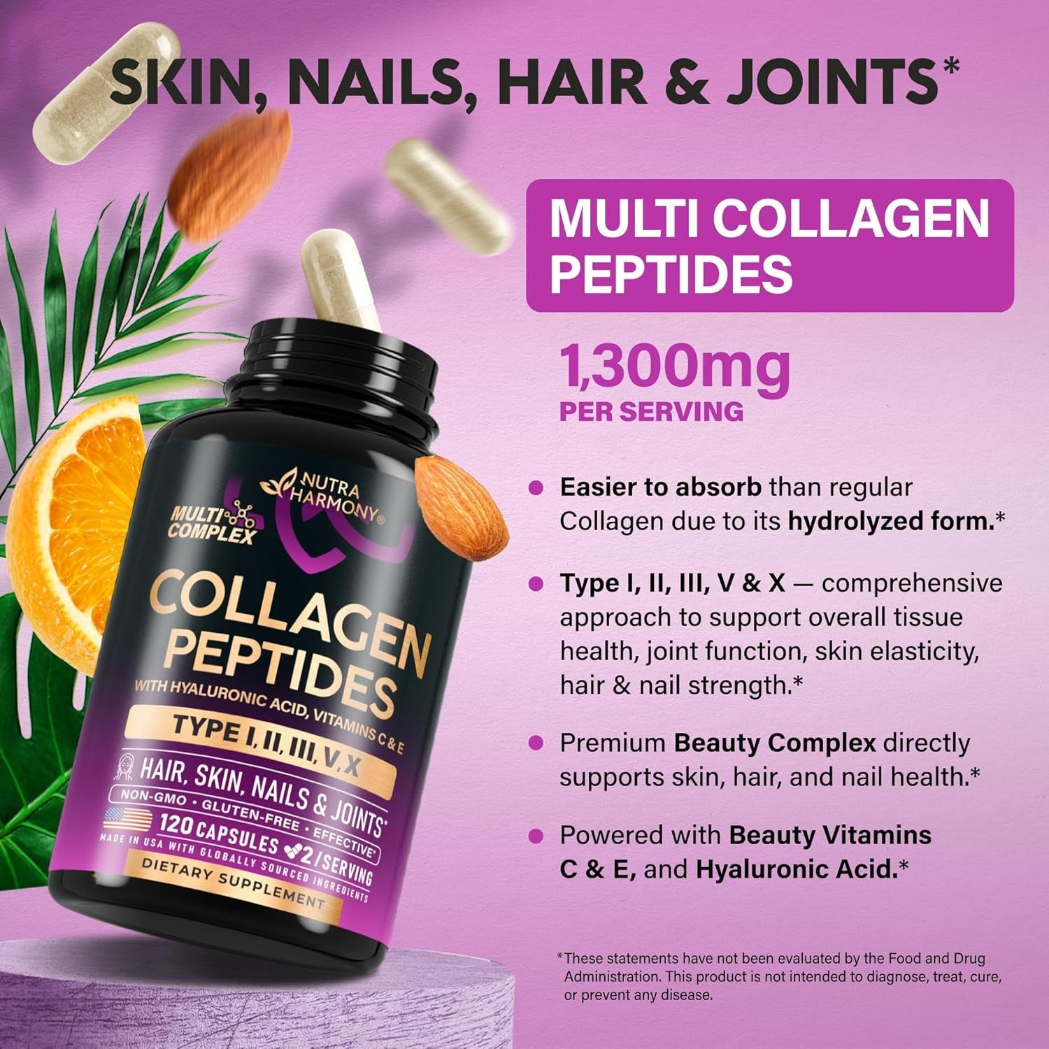 Multi Collagen Peptides - Hydrolyzed Types I, II, III, V & X - Collagen Supplement for Women 1300Mg - W/ Hyaluronic Acid, Vitamins C & E - Skin, Hair, Nails & Joint Support - Lab Tested - 120 Capsules