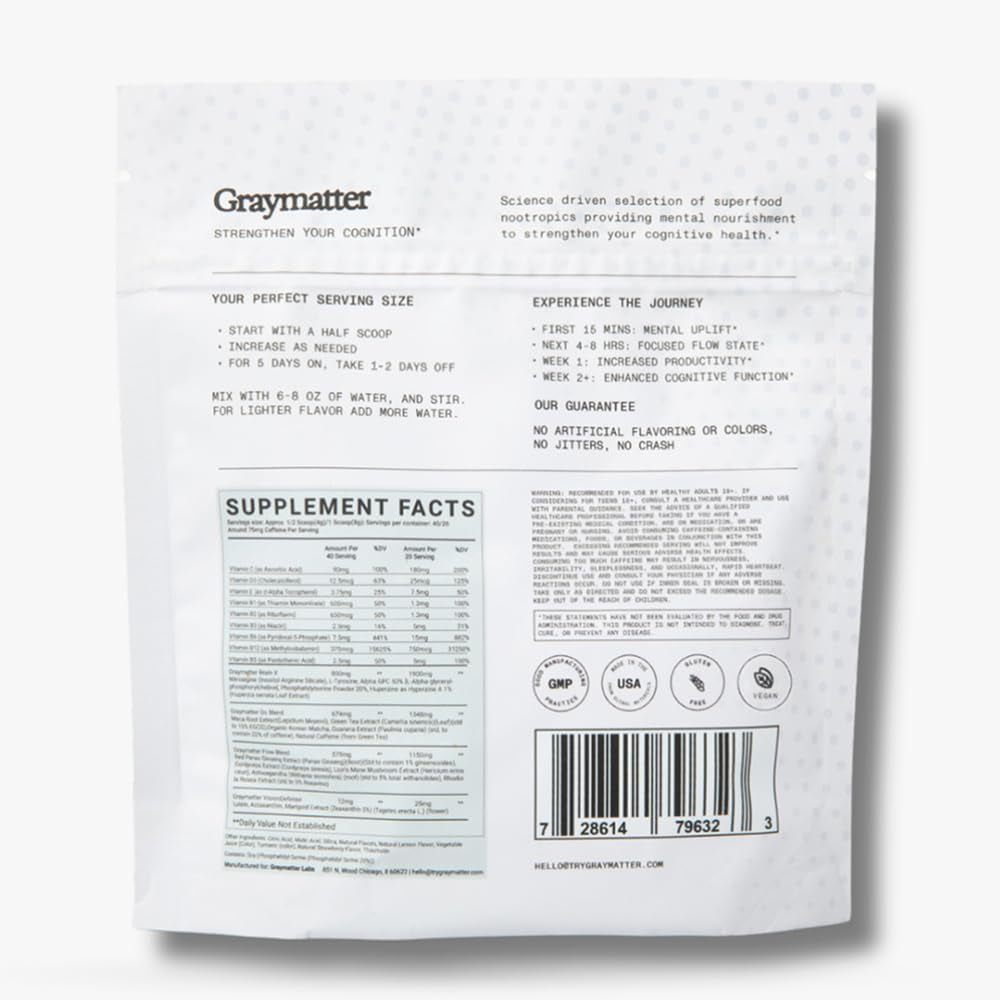 Graymatter Bright Mind Nootropic Powder (40 Servings: Strawberry Lemon) – Plant-Based Energy & Focus Drink Mix, Adaptogens & Vitamins, Sugar-Free Daily Supplement