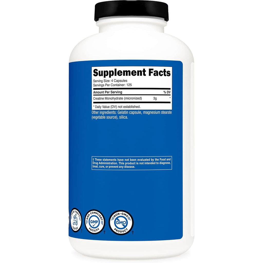 Nutricost Micronized Creatine Monohydrate 3,000Mg 500 Capsules, 125 Servings, 750Mg of Creatine Monohydrate per Capsule
