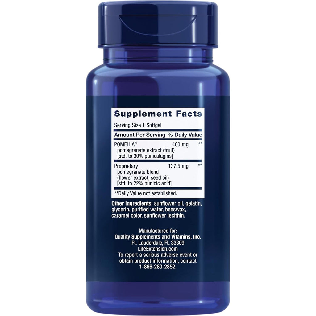 Life Extension Pomegranate Complete, Fruit Extract, Flower, Seed Oil Extract, Cardiovascular Health, Antioxidant Support, Superfood Supplement, Gluten Free, Non-Gmo, 30 Softgels