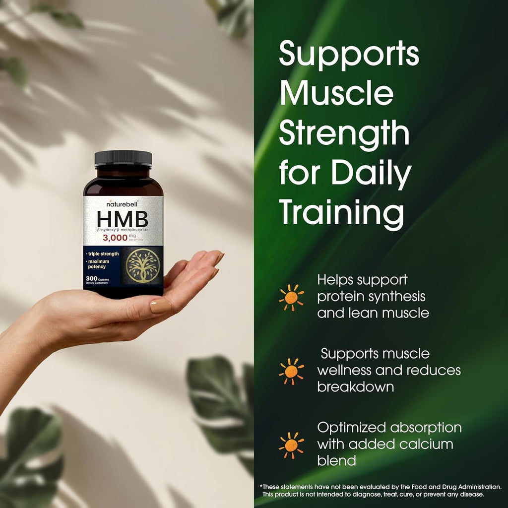 Naturebell HMB 3,000Mg - 300 Capsules - Triple-Strength Supplement for Lean Muscle Mass Support - Aids against Muscle Breakdown in Men & Women* - Non-Gmo & Gluten-Free