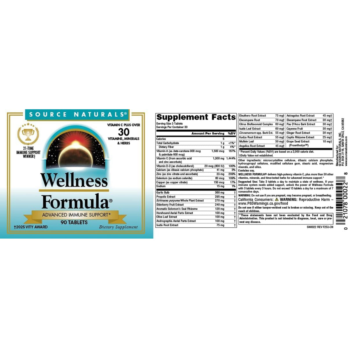 Source Naturals Wellness Formula Bio-Aligned Vitamins & Herbal Defense - Immune System Support Supplement & Immunity Booster* - 90 Tablets