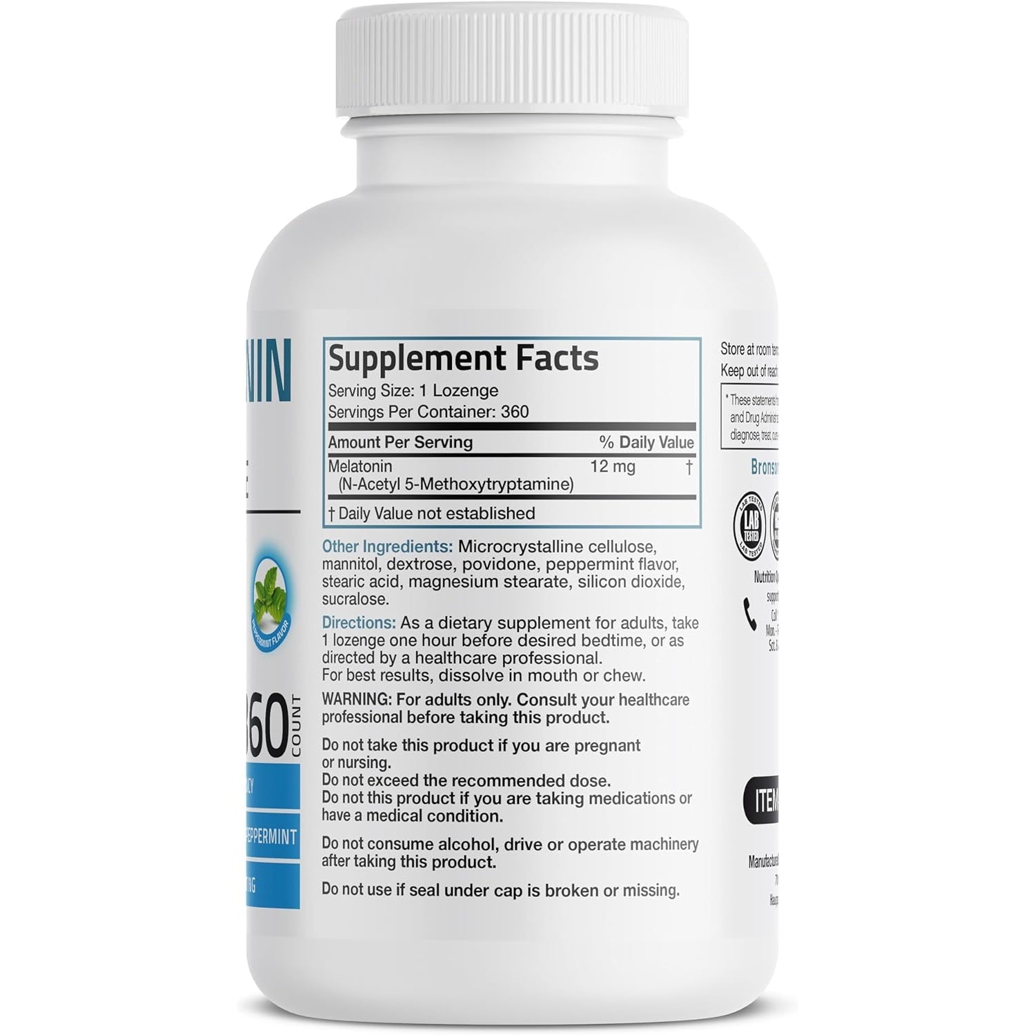 Bronson Melatonin 12Mg Fast Dissolve Nighttime Sleep Aid Support & Relaxation Support, 360 Peppermint Vegetarian Lozenges