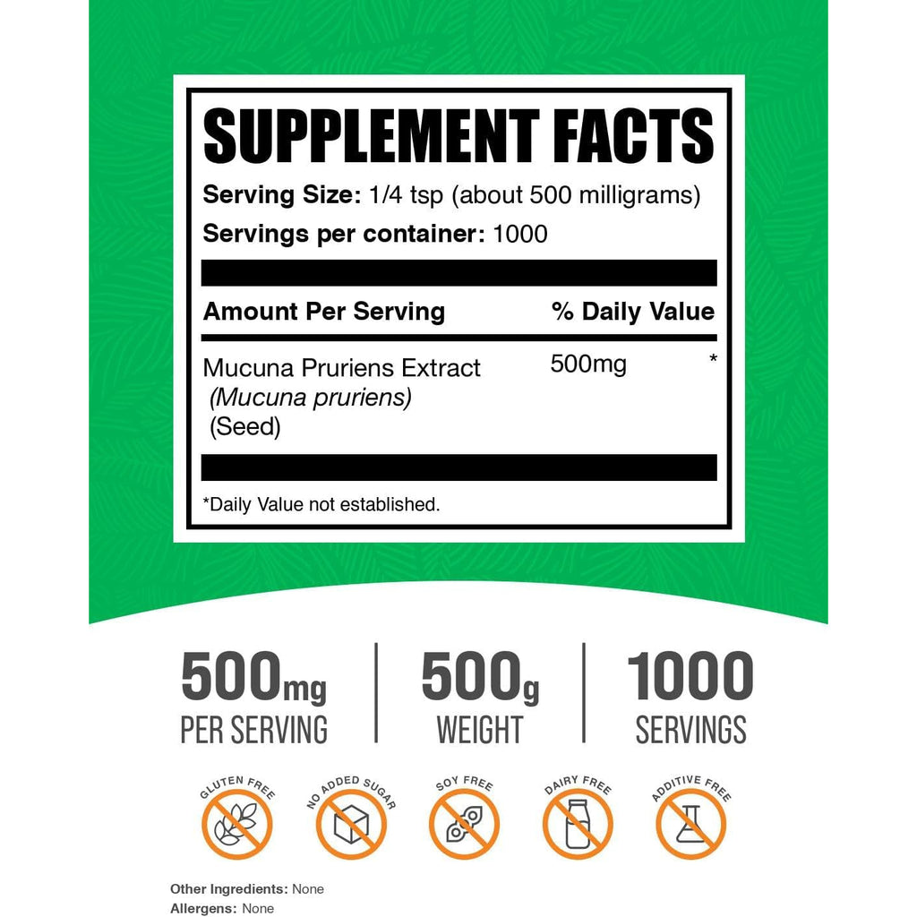 Bulksupplements.Com Mucuna Pruriens Extract Powder - Mucuna Pruriens Supplements, Herbal Supplement - Vegan & Gluten Free, 500Mg per Serving, 500G (1.1 Lbs) (Pack of 1)