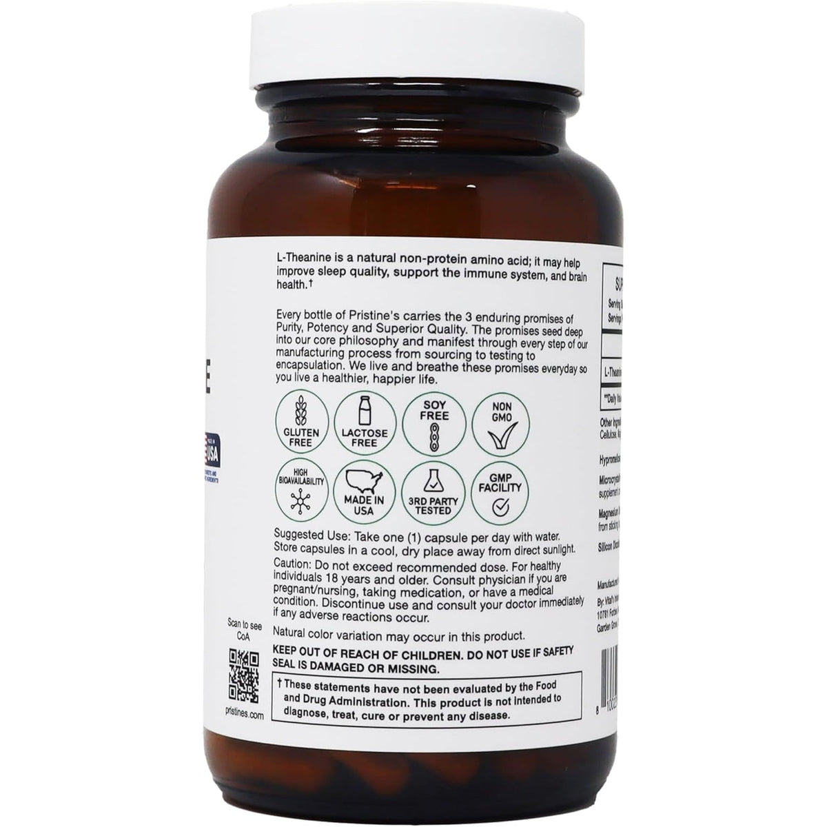 PRISTINE'S L Theanine 200Mg Supplement Capsules - 3Rd Party Tested Non GMO -150 Day Supply - Relaxation & Sleep Quality Support Capsules - Vegan, Cgmp Facility & Gluten Free Glass Bottles