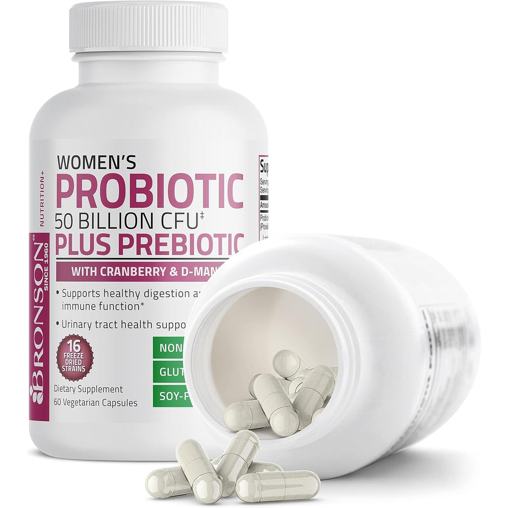 Bronson Women'S Probiotic 50 Billion CFU + Prebiotic with Cranberry & D-Mannose – Vaginal Health, Healthy Digestion, Immune Function and Urinary Tract Support, Non-Gmo, 60 Vegetarian Capsules