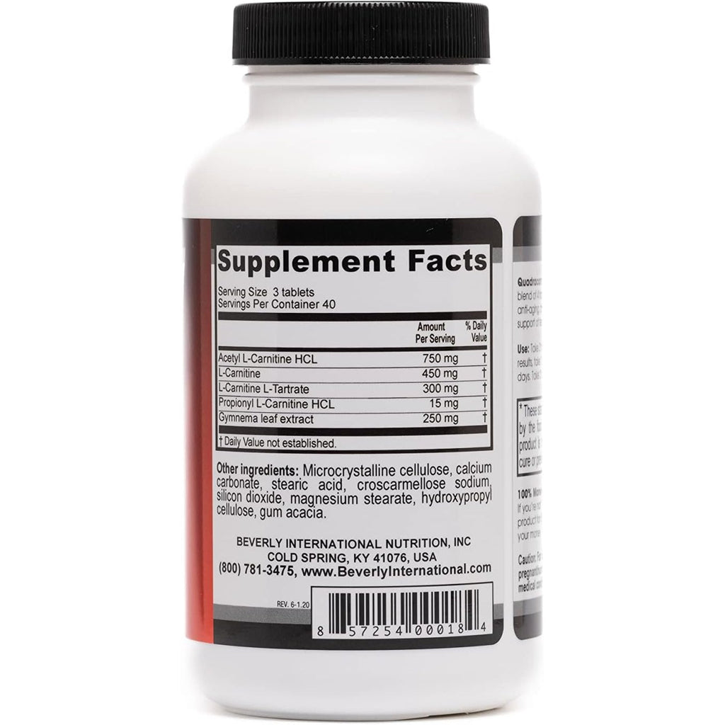 Beverly International Quadracarn 4X-Potency, Lab Tested Ultra-Premium Carnitine Blend for Fat Loss, Muscle Definition, Metabolism, Mood, Energy Boost, Anti-Aging, Brain Function. 120 Tablets.