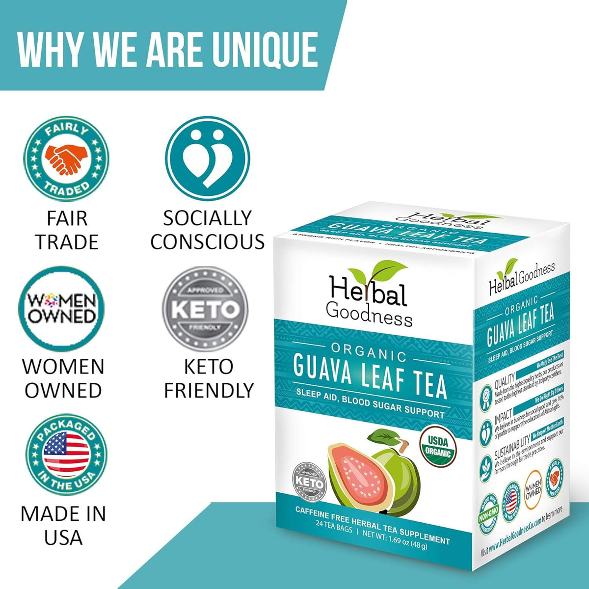 Guava Leaf Tea 24 Tea Bags - 100% Organic Natural Guava Leaves Tea - Hojas De Guayaba Organica for Immune Support, Digestion & Relaxation | Herbal Goodness