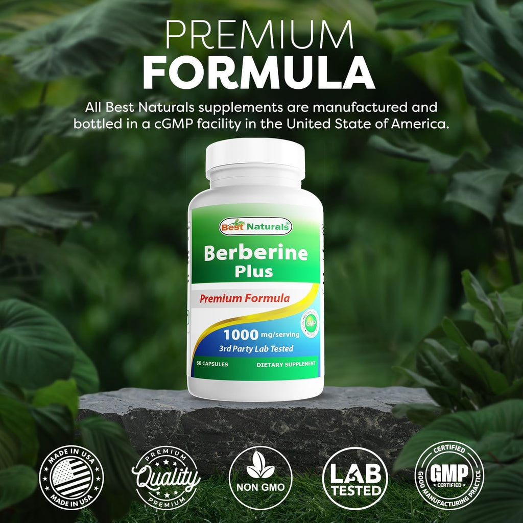 Best Naturals Berberine plus 1000Mg per Serving, (Non-Gmo) 60 Capsules - Contains Berberine HCL 1000Mg, Vitamin C 120Mg & Zinc Gluconate 30 Mg