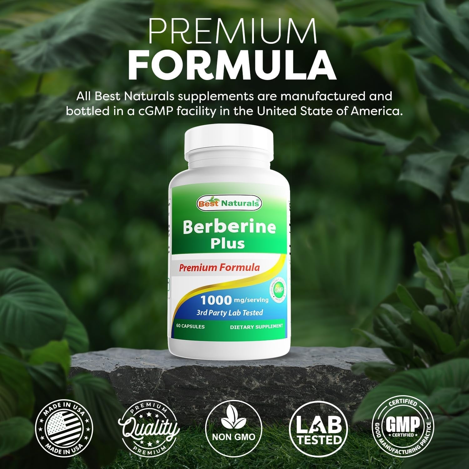 Best Naturals Berberine plus 1000Mg per Serving, (Non-Gmo) 60 Capsules - Contains Berberine HCL 1000Mg, Vitamin C 120Mg & Zinc Gluconate 30 Mg