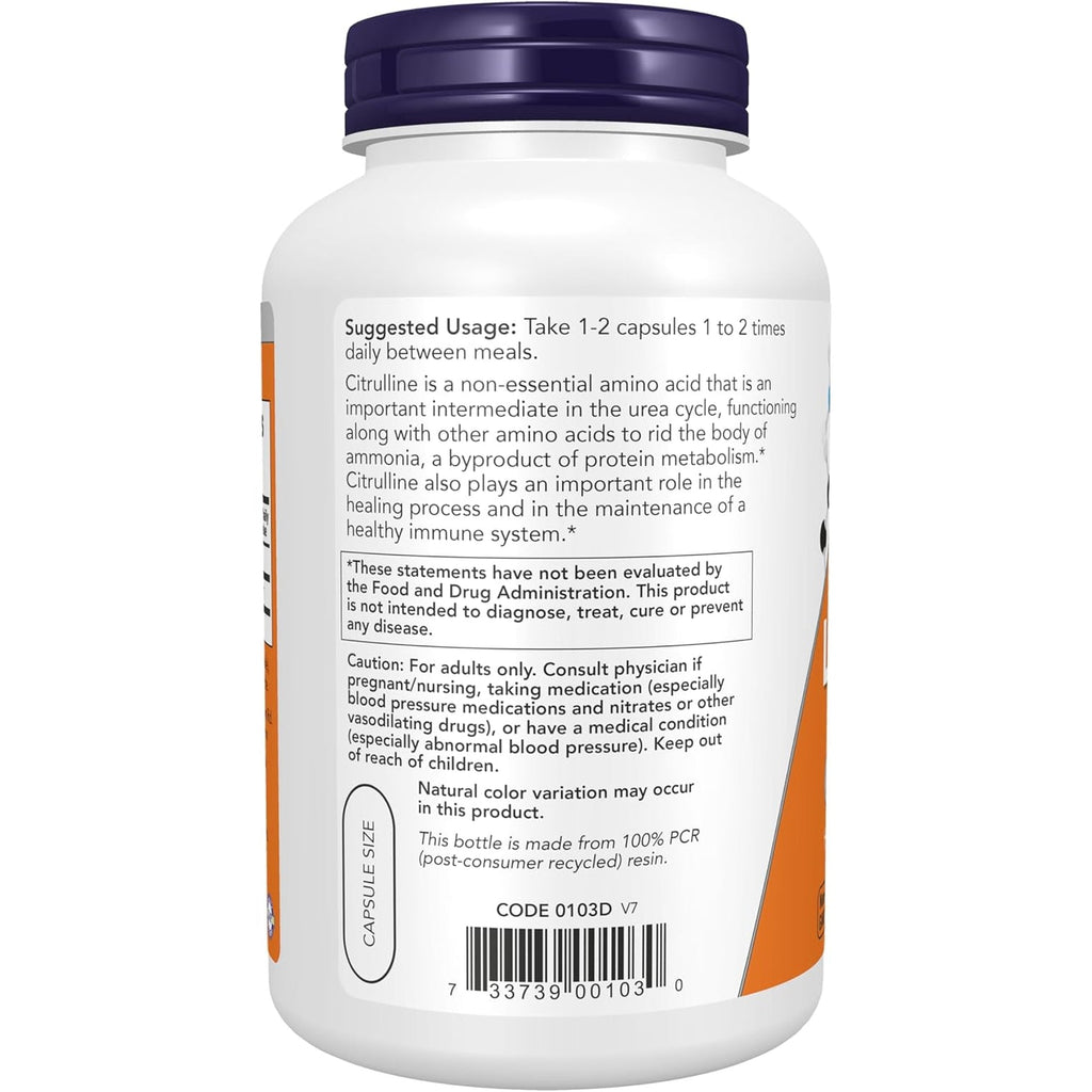 NOW Foods Supplements, L-Citrulline 750 Mg, Supports Protein Metabolism*, Amino Acid, 180 Veg Capsules
