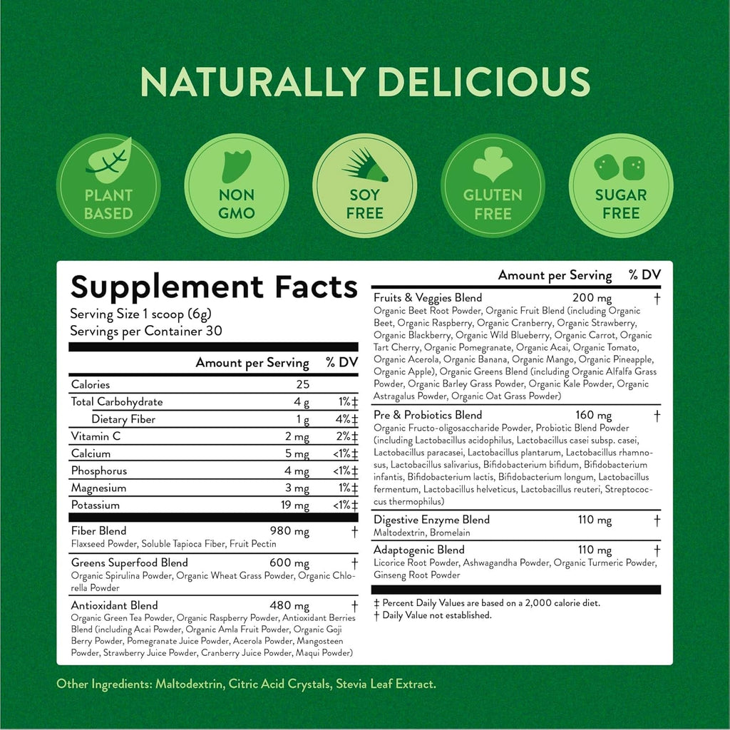 360 Nutrition Super Greens Powder with Probiotics & Digestive Enzymes, Sugar & Gluten Free, Plant-Based Superfood for Gut Health, Immunity - 6.35 Oz