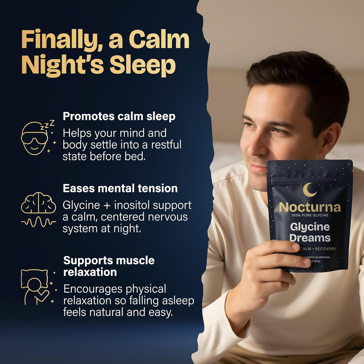 Glycine Supplement – 100% Pure 3G Glycine Powder for Sleep, Calm & Recovery – USA Made Sleep Aid for Men & Women – Non-Gmo & Completely Natural - 6.3Oz for 60 Servings