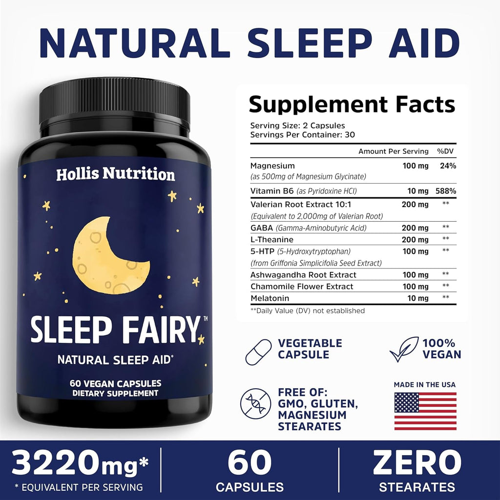SLEEP FAIRY Natural Sleep Aid | Magnesium Glycinate 500Mg, Melatonin 10Mg, L-Theanine, B6, 5-HTP, GABA, Valerian Root & Ashwagandha | Herbal Sleeping Pills for Adults | Vegan Sleep Pills | MADE in USA