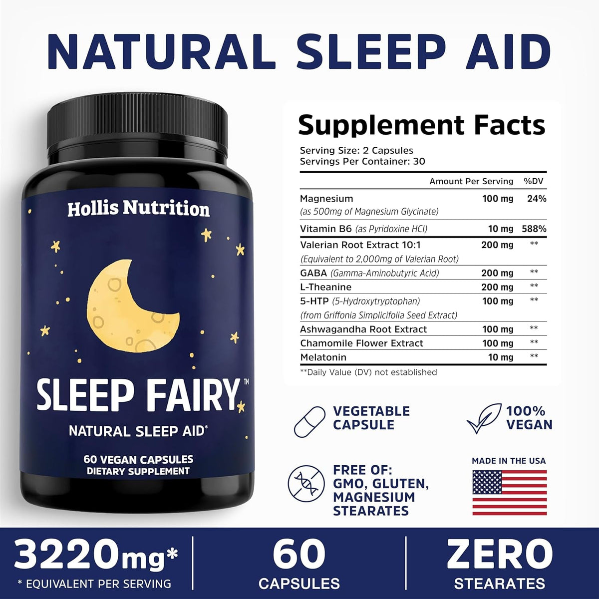 SLEEP FAIRY Natural Sleep Aid | Magnesium Glycinate 500Mg, Melatonin 10Mg, L-Theanine, B6, 5-HTP, GABA, Valerian Root & Ashwagandha | Herbal Sleeping Pills for Adults | Vegan Sleep Pills | MADE in USA