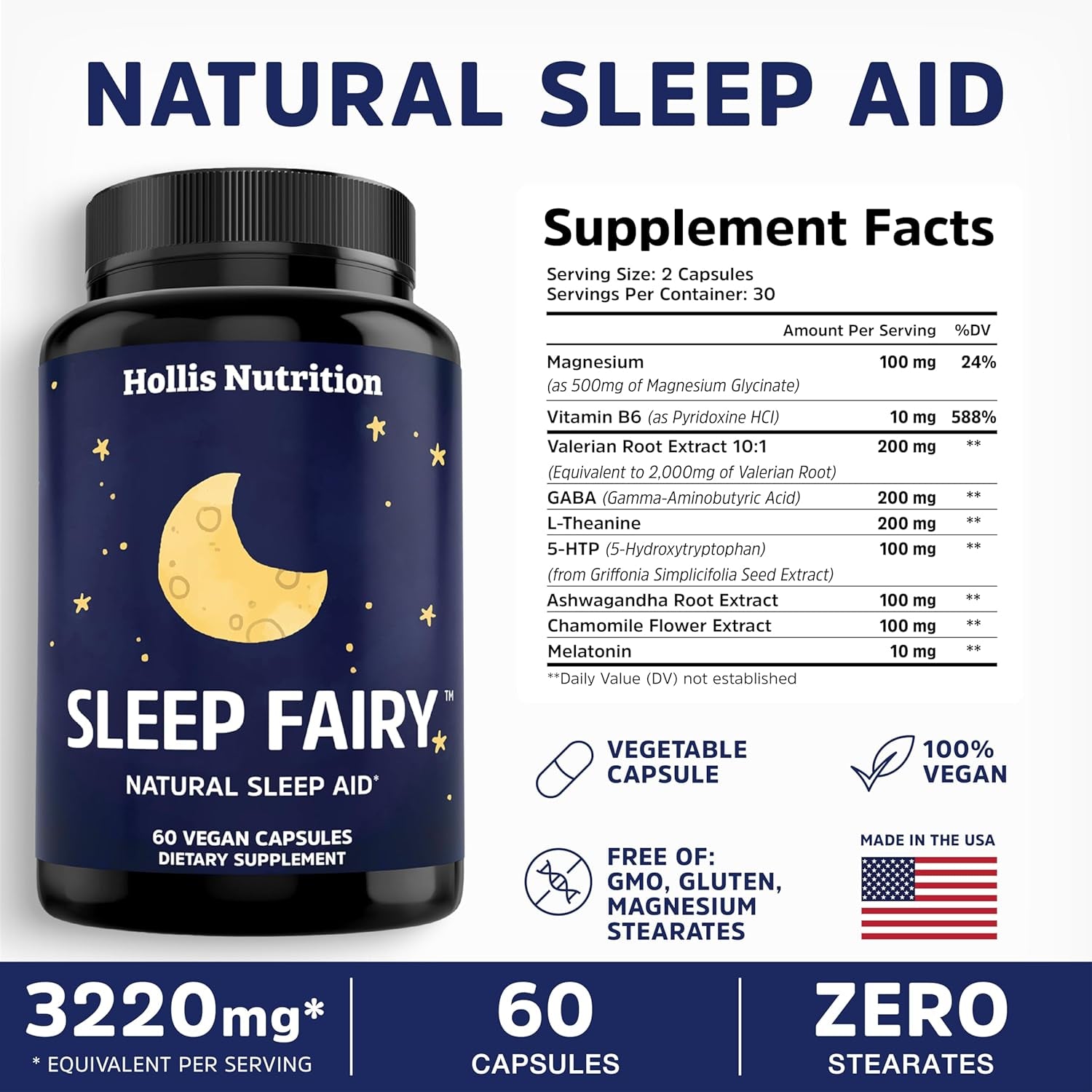 SLEEP FAIRY Natural Sleep Aid | Magnesium Glycinate 500Mg, Melatonin 10Mg, L-Theanine, B6, 5-HTP, GABA, Valerian Root & Ashwagandha | Herbal Sleeping Pills for Adults | Vegan Sleep Pills | MADE in USA