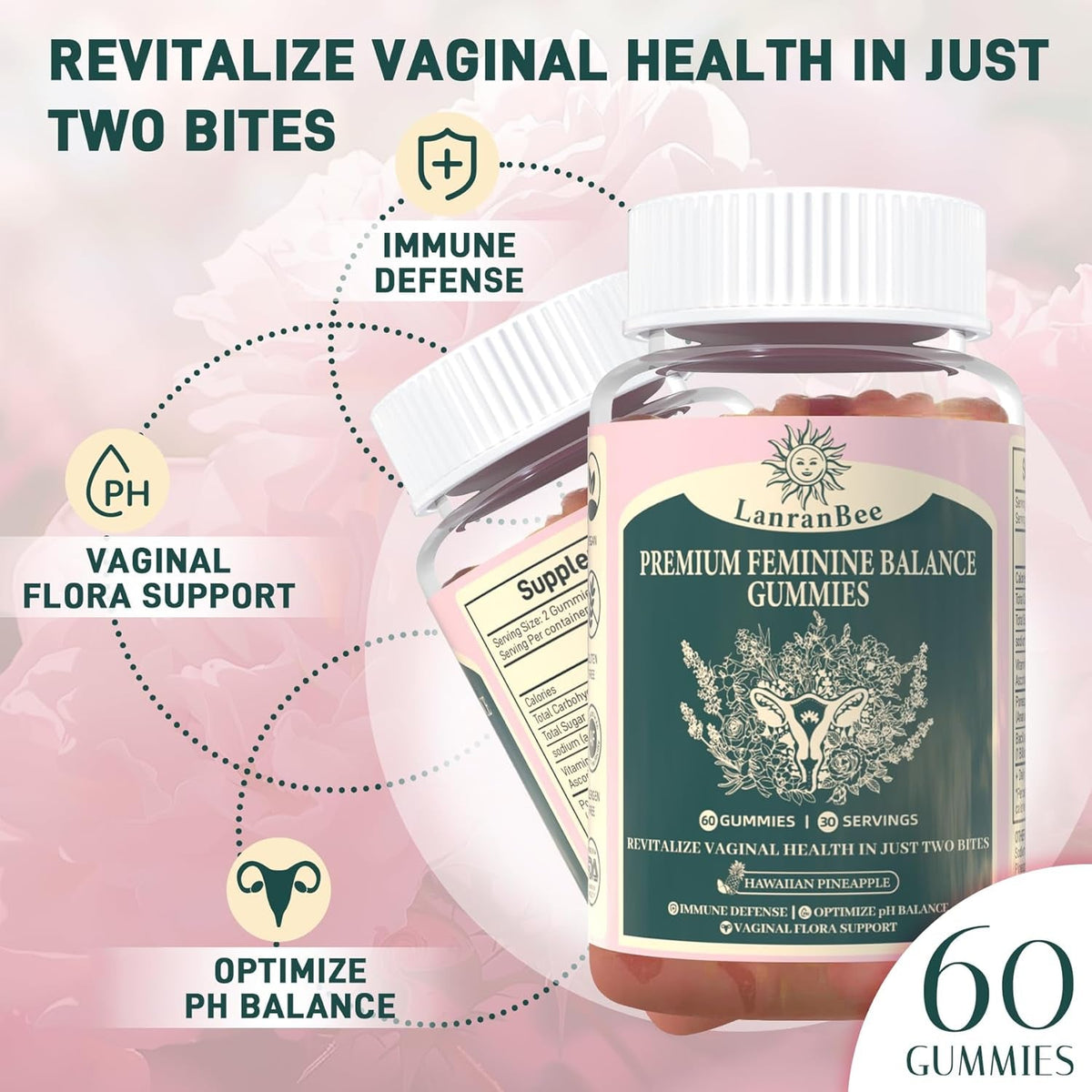 Premium Feminine Balance Gummies Vaginal Probiotic - for Women’S Ph Balanced Health & Wellness - Immune Support - Vegan, Gluten-Free & Halal - Hawaiian Pineapple - 60 Gummies - 30 Servings (1)