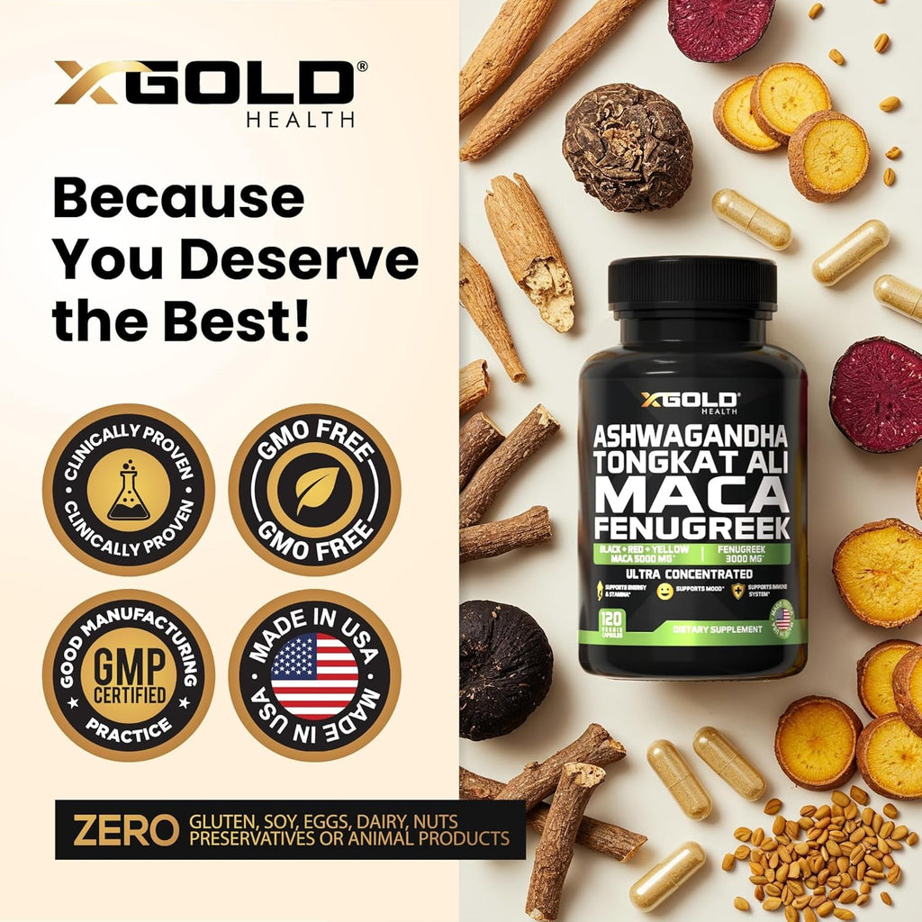 Ashwagandha 30:1 + Tongkat Ali 100:1 + Maca Root 20:1 + Fenugreek 10:1 Extract Supplement for Men & Women | High Potency Herbal Complex | Energy, Vitality & Performance Support | Made in USA
