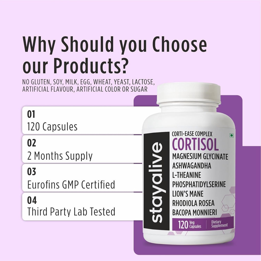 STAY ALIVE Cortisol Manager Supplement 15-In-1 Complex W/L-Theanine, Ashwagandha, Magnesium Glycinate, Phosphatidylserine and More, 120 Veg Capsules, Non-Gmo & Gluten-Free Formula for Women and Men