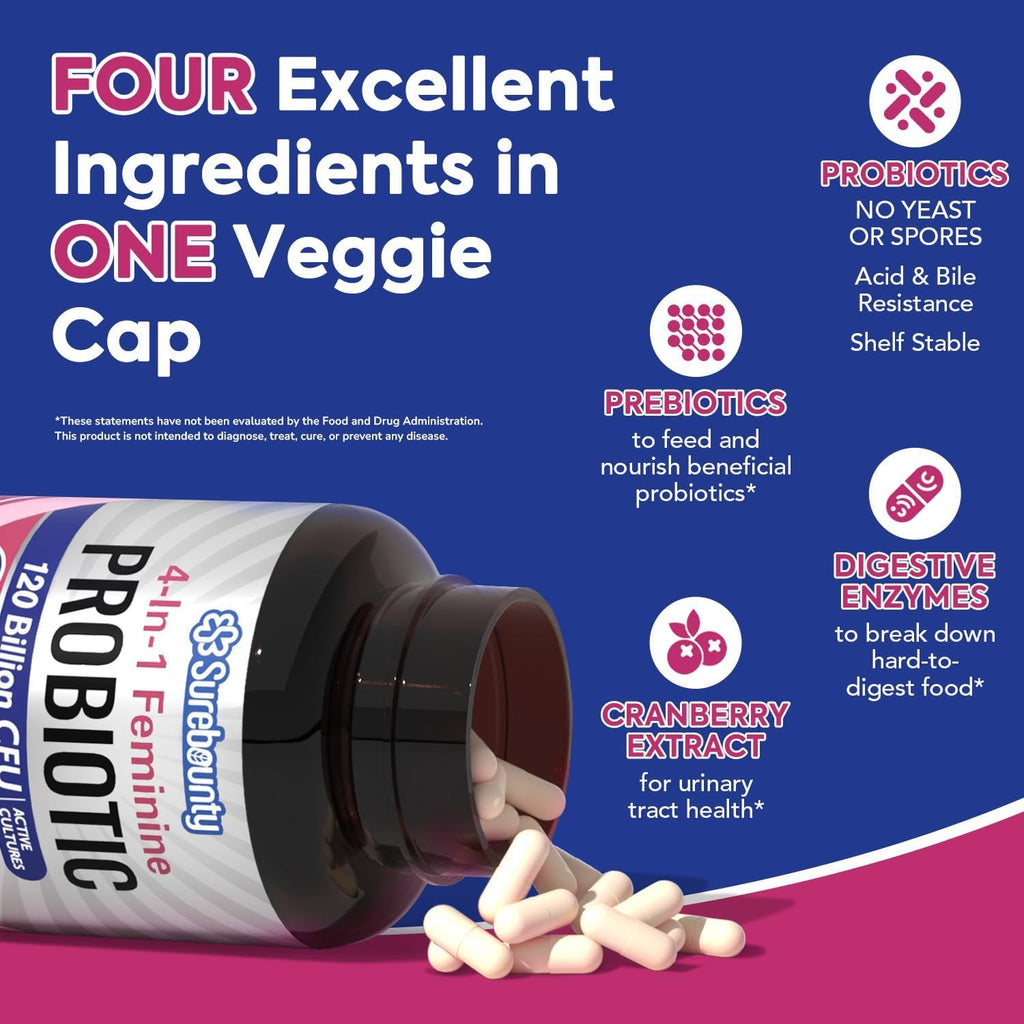 Probiotics for Women, 120 Billion CFU 34 Strains, Prebiotics, Digestive Enzymes, Cranberry, 4-In-1 Feminine Probiotic, Digestive, Vaginal, Immune Support, 30Ct