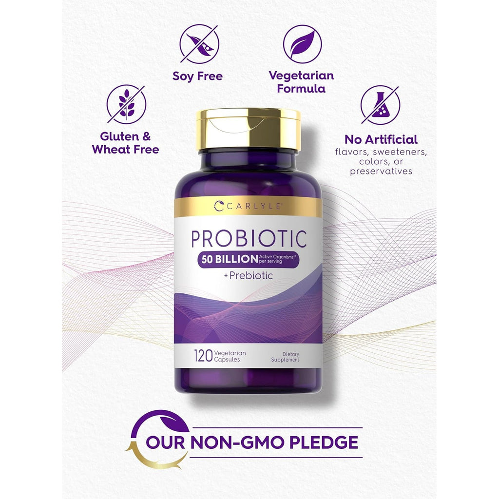 Carlyle Probiotics with Prebiotics | 120 Capsules | 50 Billion Active Organisms | Non-Gmo & Gluten Free Supplement