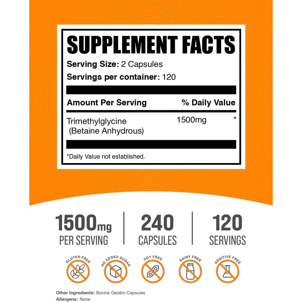 Bulksupplements.Com TMG Capsules - Trimethylglycine as Betaine Anhydrous, TMG Supplement - Gluten Free, 2 Capsules per Serving (1500Mg), 240 Count (Pack of 1)