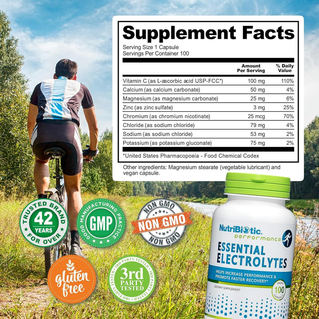 Nutribiotic Essential Electrolytes, 100 Ct Capsules | Supports Increased Performance & Faster Recovery | Pharmaceutical Grade Vitamin C with Electrolytes for Rehydration | Vegan, Gluten-Free & Non-Gmo