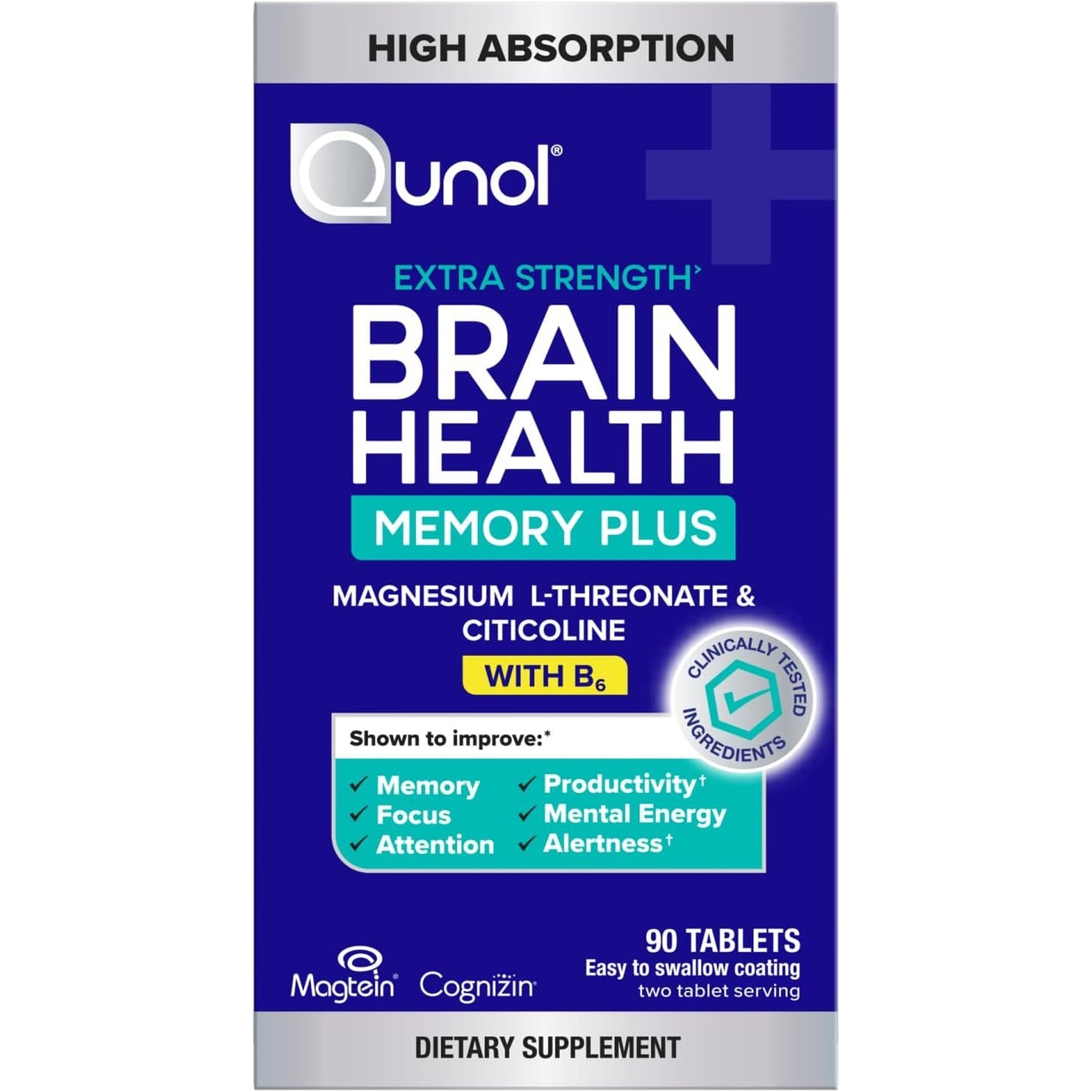 Qunol Brain Health Memory plus with B6, Magnesium L-Threonate & Citicoline, Clinically Tested Ingredients to Improve Memory, Focus, Attention and Productivity, 90 Count