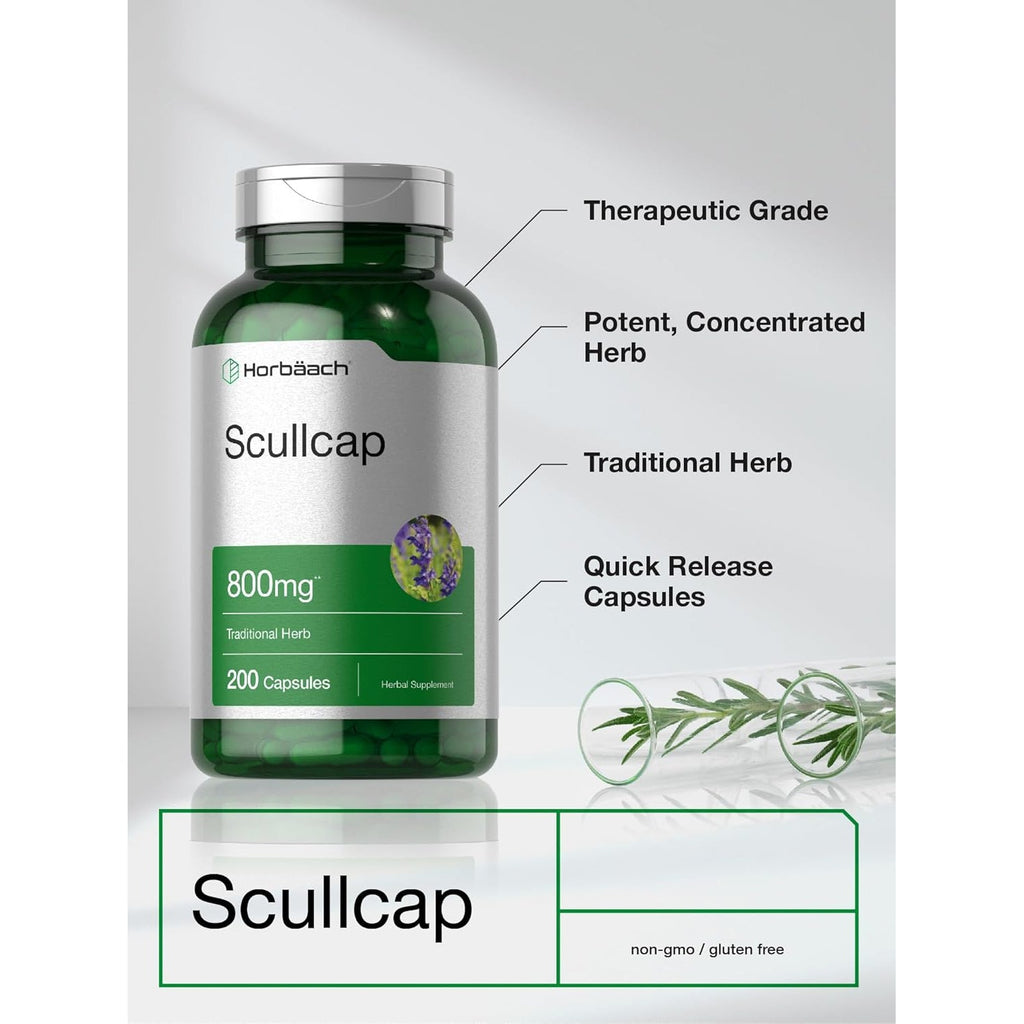Horbaach Skullcap Herb Extract | 200 Capsules | Scullcap Supplement for Men and Women | Scutellaria Baicalensis | Non-Gmo and Gluten Free