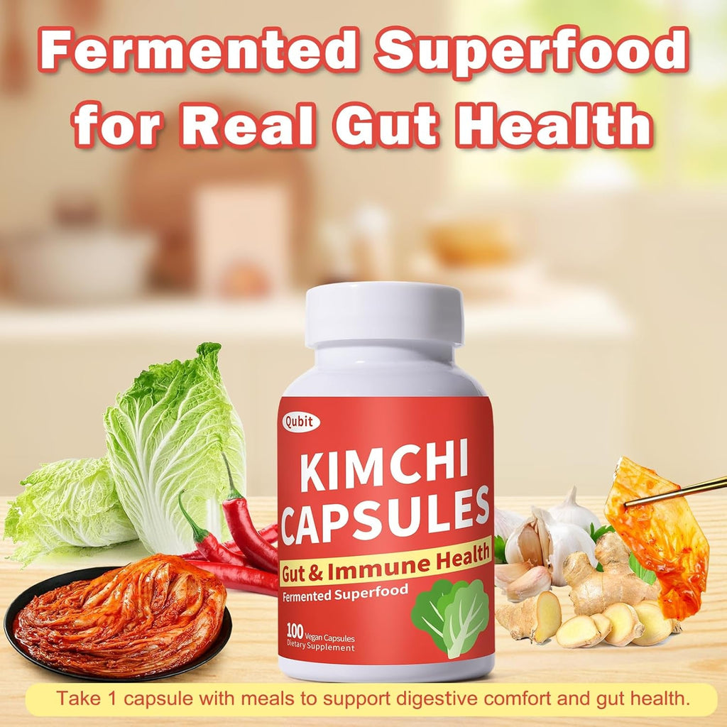 QUBIT Kimchi Capsules, Kimchi Supplement, Supports Gut, Digestive & Fullness, Taste Well, One Capsule of Fermented Superfood for Antioxidant Support, 90 Vegan Capsules, Pills