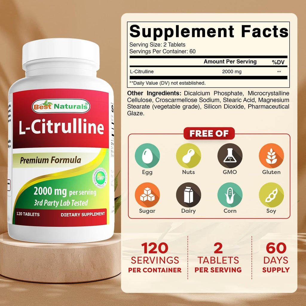 Best Naturals L-Citrulline 2000Mg/Serving - Non-Gmo - Gluten Free - 120 Tablets (120 Count (Pack of 1))