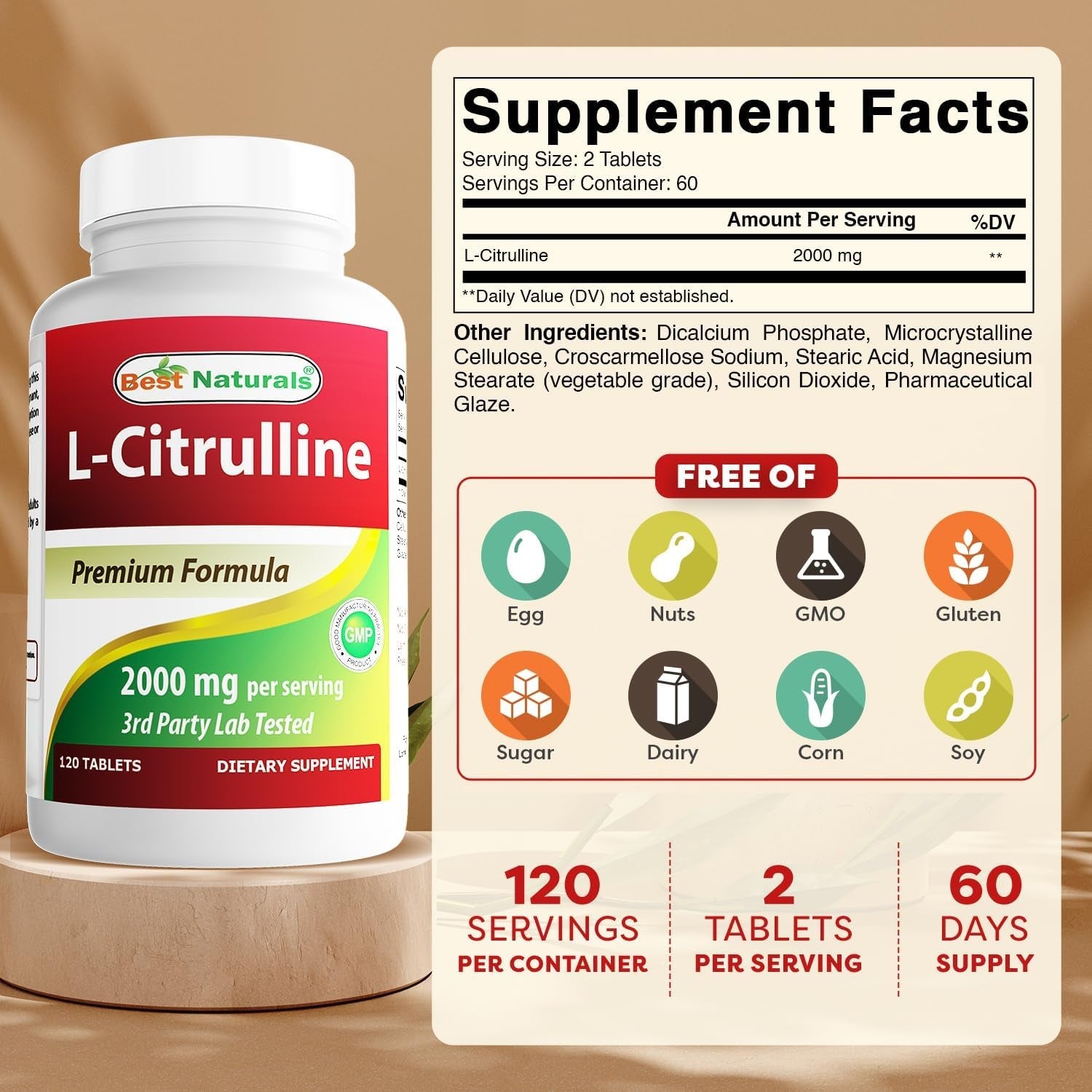 Best Naturals L-Citrulline 2000Mg/Serving - Non-Gmo - Gluten Free - 120 Tablets (120 Count (Pack of 1))