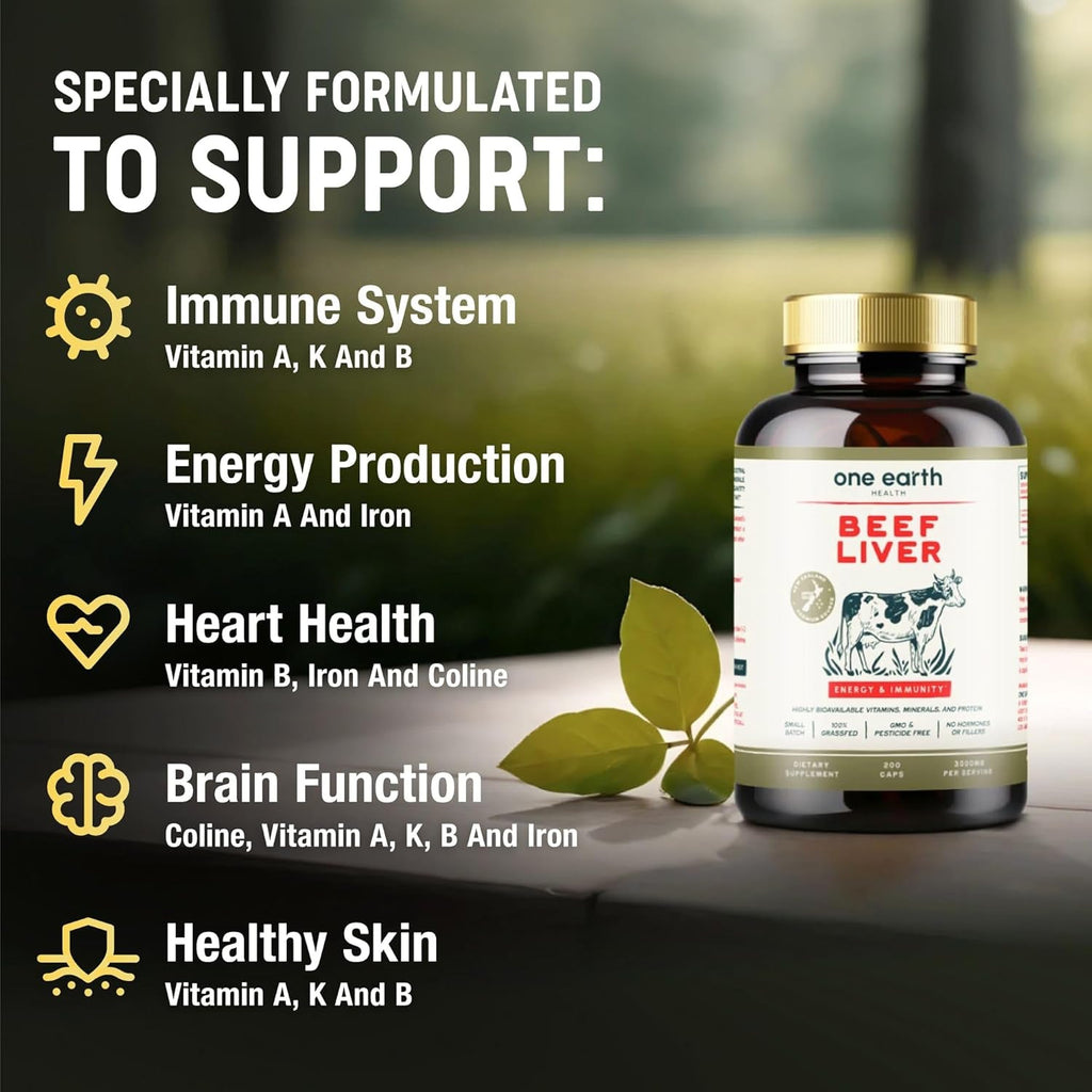 One Earth Health Grass Fed Beef Liver Capsules for Women & Men – Desiccated New Zealand Liver Supplement | Heme Iron, B12 & Folate | Grass-Fed & Finished | 3,000Mg, 200 Capsules