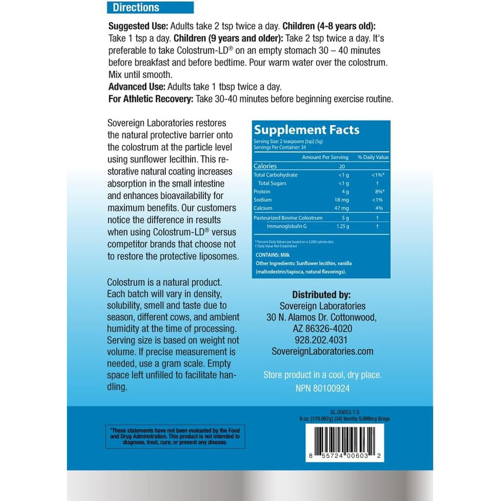 Colostrum-Ld Liposomal Delivery - Colostrum Powder - Gluten-Free, Lactose-Reduced - 34 Servings - Sovereign Laboratories - 6 Oz Vanilla