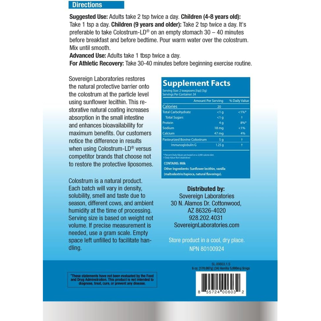 Colostrum-Ld Liposomal Delivery - Colostrum Powder - Gluten-Free, Lactose-Reduced - 34 Servings - Sovereign Laboratories - 6 Oz Vanilla