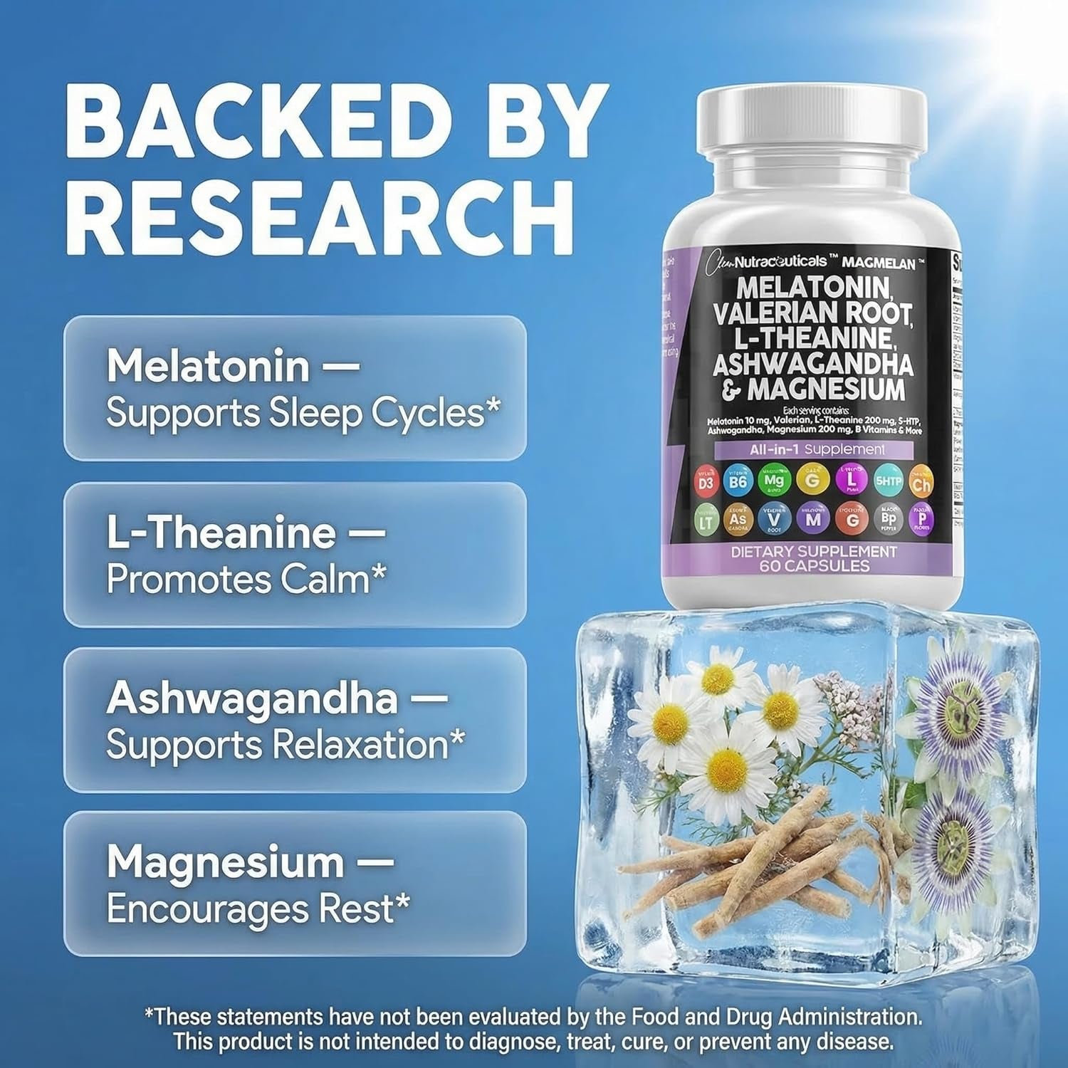 Clean Nutraceuticals Melatonin 10Mg Valerian Root L Theanine 200Mg Ashwagandha - Sleep Support for Women & Men with Magnesium Complex, Lemon Balm, Chamomile, & Passion Flower - 60 Caps