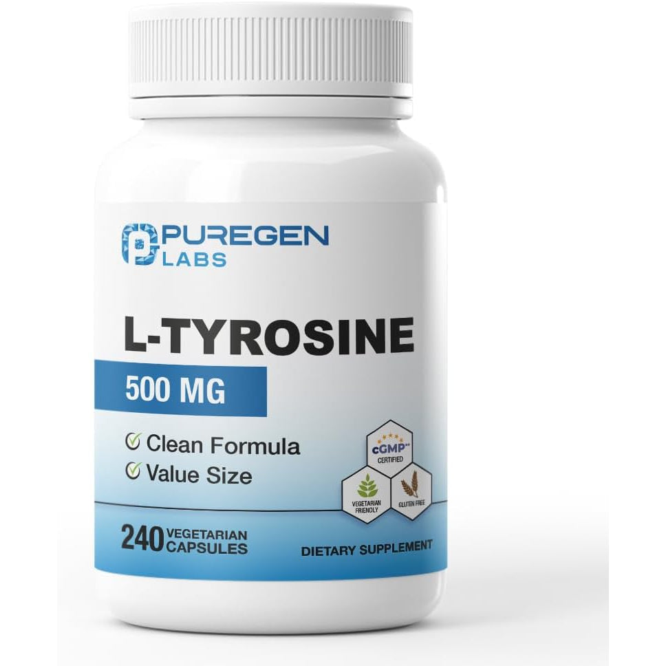 Puregen Labs L-Tyrosine 500 Mg, 240 Vegetable Capsules | No Harmful Additives | Non-Gmo, Vegan, Gluten Free, Dairy Free - 240 Servings