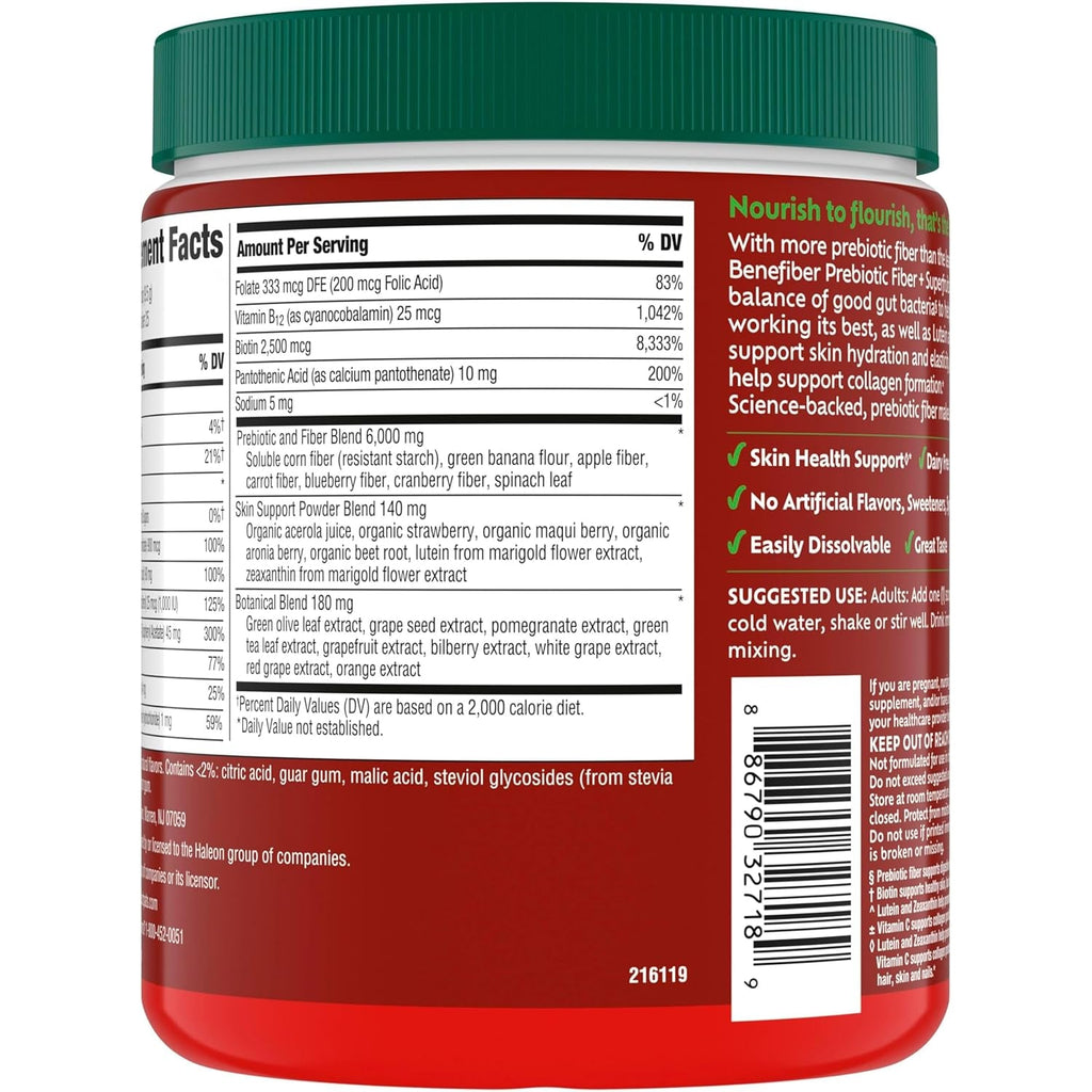 Benefiber Prebiotic GLP-1 Friendly Fiber + Superfruits Dietary Supplement, Strawberry Dragon Fruit Flavor, 8.8 Oz (250G)